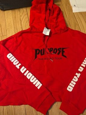 Justin Bieber Red Hoodie with Black Sleeve Lettering